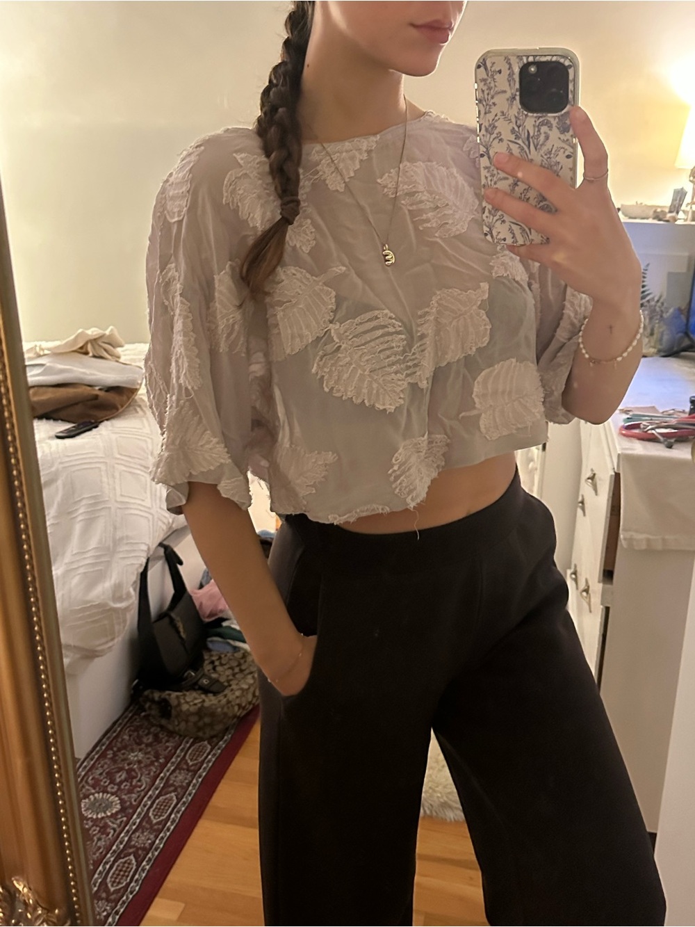 Wilfred Aritzia Cropped Sheer Embroidered Top - Light Taupe